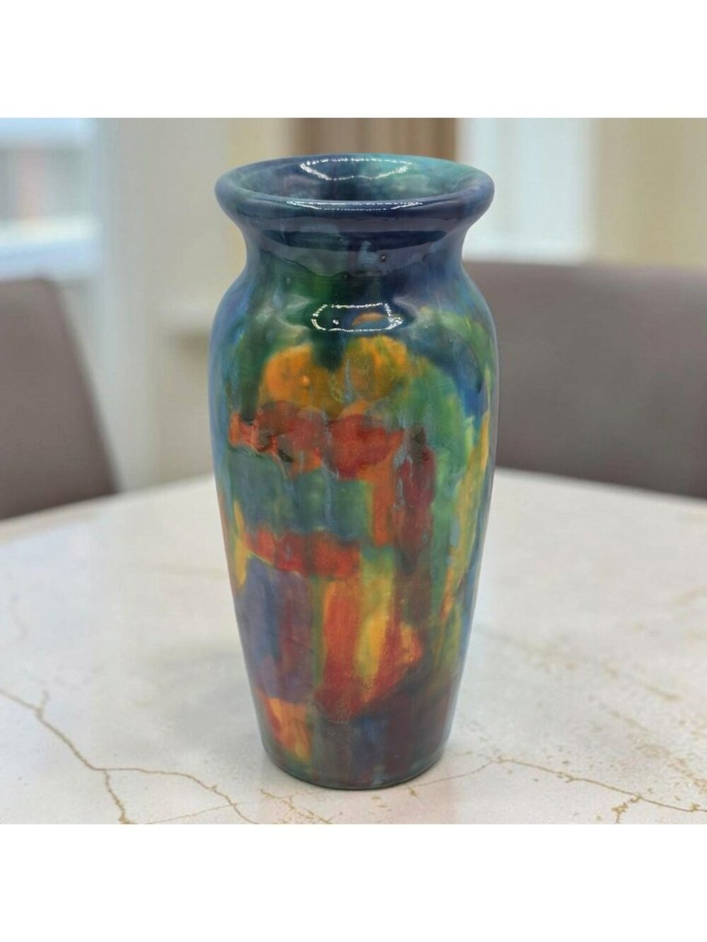Hand-Painted Multicolor Ceramic Vase Abstract Design Signed Corbett 8" Tall